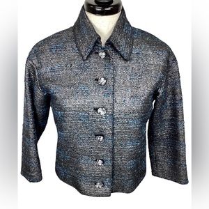 Worth Metallic silver blue Tweed Gem Button Suit Jacket cropped